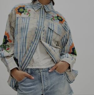 Free People Sashiko Striped Floral Embroidered Shirt